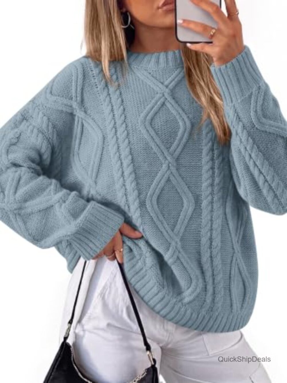 Oversized Cable Knit Sweater Pullover Crew Neck Lantern Sleeve